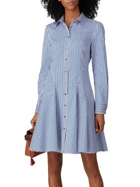 Derek Lam Blue White Pinstripe Tailored Preppy Classic Fit & Flare Shirt Dress